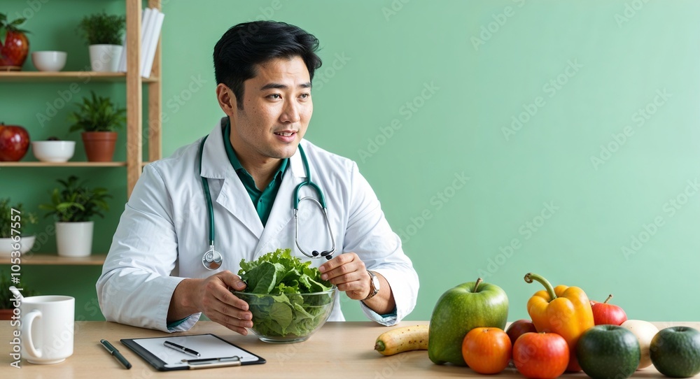 Fototapeta premium Asian nutritionist advising client caring demeanor professional attire solid light green background overweight late twenties male