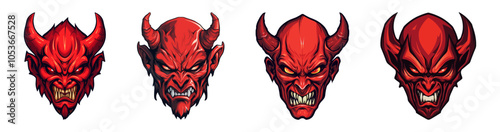 Vector set of four red devil faces showing different expressions, each with sharp horns and intimidating eyes, ideal for dark themes. Generative AI.