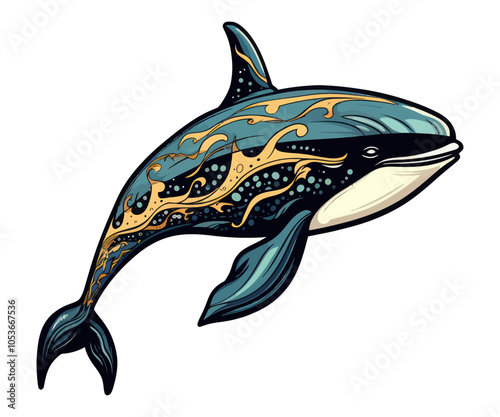 Ornate vector illustration of a killer whale with decorative patterns, blending realism with fantasy elements. Generative AI.