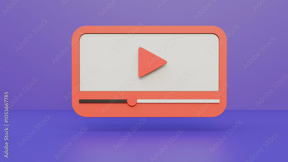 Minimal video player or media player interface on purple background. Social media concept. Minimal video player template with play button. Minimal video player or media player interface on purple background. Social media concept. Minimal video player template with play button.