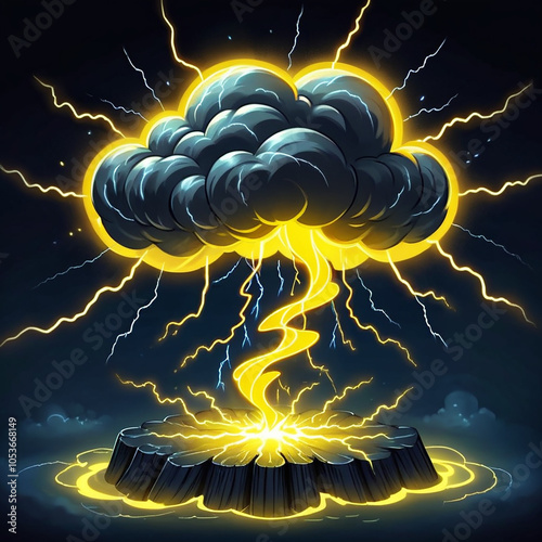 A dark, stormy cloud with a bright yellow aura and lightning bolts striking a rocky surface below, emitting a powerful, energyfilled glow. photo