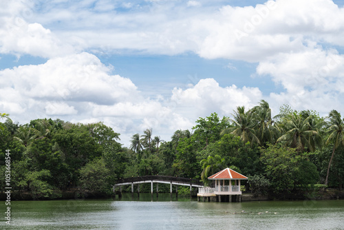 Lake and bridge in the Sri Nakhon Khuean Khan Park and Botanical Garden in Bnagkok , Thailand