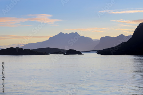 Midnight  sunlight at Lofoten islands, Norway photo