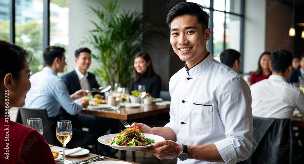 Asian waiter serving food friendly smile restaurant uniform busy dining area with guests sturdy build late twenties male Asian waiter serving food friendly smile restaurant uniform busy dining area with guests sturdy build late twenties male