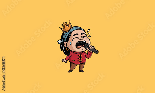 Funny character singing passionately with a crown.