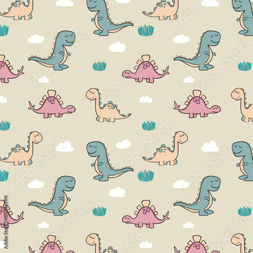 Cute dinosaur pattern - hand drawn childish dinosaur seamless pattern design