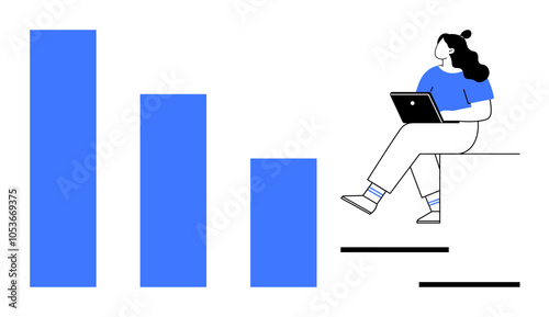 Woman sitting with a laptop next to a descending bar chart. Ideal for data analysis, business presentations, financial reports, educational materials, online courses, marketing strategies, and tech