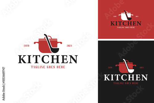 Creative hot pot with ladle for food logo design vector illustration
