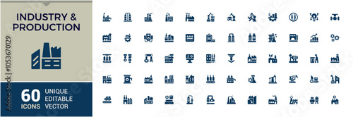 Set of Industry solid icons. Includes flat solid engineering, engineer, recycling, manufacture, industrial and more. Perfect for logos and infographics. Editable vector illustration.