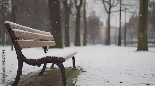 A Snowy Park Bench in a Quiet Winter Scene photo