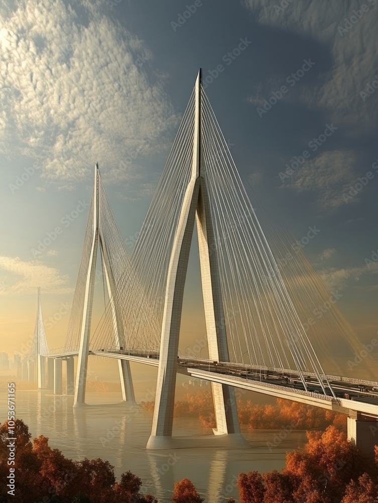 Fototapeta premium A modern cable-stayed bridge spanning a river, showcasing innovative design and engineering.