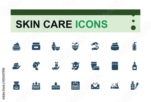 Set of Skin Care solid icons. Includes flat solid anti, wom, acne, hair, set, dermatology, flat, face. Set of filled pictogram. Vector illustration.