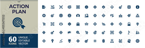 Target solid web icon set. Containing goal, vision, illustration, progress, bullseye. Filled icons pack. Vector illustration in modern solid style.
