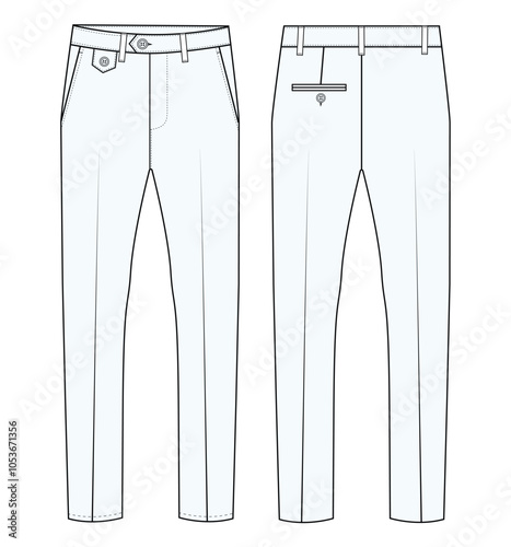  Men's formal trouser vector pant front and back view flat sketch fashion illustration, Vector technical sketch. Mockup template.