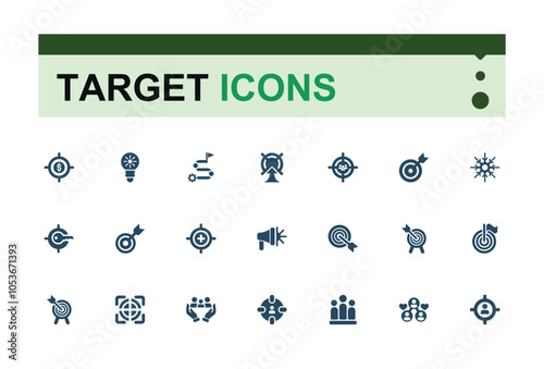 Target solid icons set. Contains related to destination, sport, goal, glyph, dot, projection, concept, hit. Flat filled icons pack. Editable vector illustration.