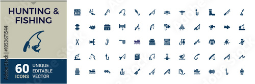 Fishing icon pack. Containing equipment, compass, fishery, ocean, animal and more. Minimal filled icons. Vector illustration in modern solid style.