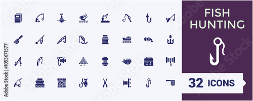 Set of Fishing solid icons. Related to fisherman, fish, catch, lake, freshwater and more. Modern flat icons. Vector filled icons Collection.