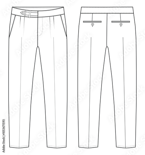  Men's formal trouser vector pant front and back view flat sketch fashion illustration, Vector technical sketch. Mockup template.