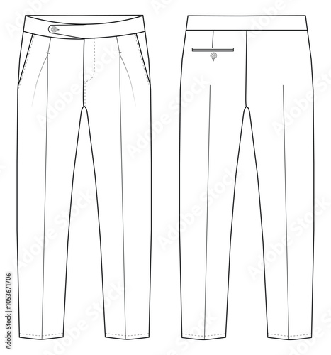  Men's formal trouser vector pant front and back view flat sketch fashion illustration, Vector technical sketch. Mockup template.