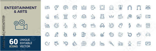 Entertainment and Arts icon pack. Includes icons for painting, entertainment, design, frame, theatre, artwork, art. Simple icon designs. Editable vector icon and illustration.