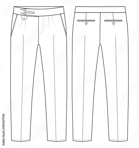  Men's formal trouser vector pant front and back view flat sketch fashion illustration, Vector technical sketch. Mockup template.