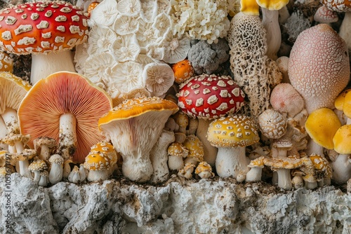 A Close-Up of a Variety of Mushrooms, Some with Red and Yellow Caps photo