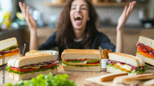 Glückliche junge Studentin strahlt begeistert über ein frisch belegtes, appetitliches Sandwich. Authentische Lifestyle-Aufnahme für Food, Snacks und Studentenleben. Natürliche Freude beim Fast Food