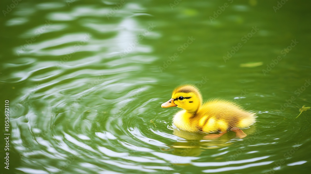 A cute yellow duckling swimming in a serene green pond, surrounded by gentle ripples and a peaceful natural setting. A cute yellow duckling swimming in a serene green pond, surrounded by gentle ripples and a peaceful natural setting.