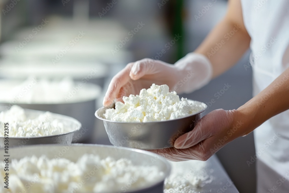 Cheese Production. Female Worker on Feta Cheese Line in Dairy Factory Cheese Production. Female Worker on Feta Cheese Line in Dairy Factory