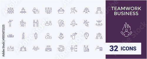 Teamwork line web icon set. Includes thin line career, company, management, unity, training, work, team building and more. Minimalistic web and UI icons.