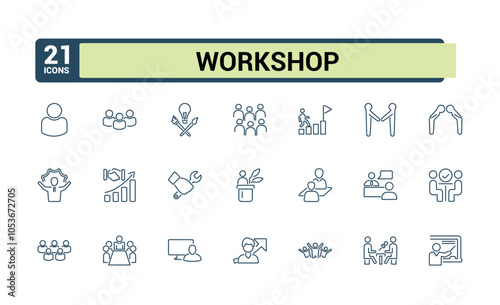 Training and Workshop line web icon set. Contains such icons as meeting, education, classroom, e learning, training, office, coaching and more. Pixel perfect. Editable vector icon and illustration.