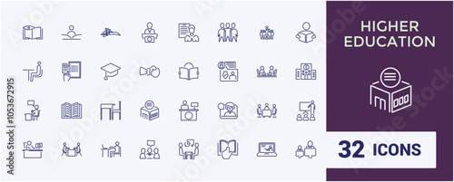 Education thin line icon set. Contains related to college, classroom, certificate, learning, graduate, knowledge, training, e-book. Simple line vector. Editable stroke. Vector illustration.