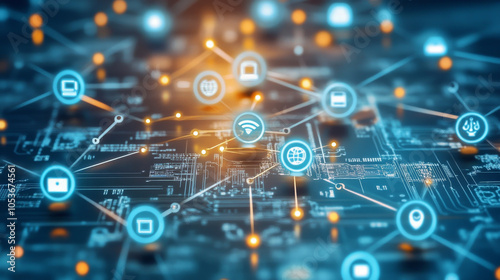 Digital network connections and technology icons create vibrant, interconnected web. This image showcases essence of modern communication and data exchange