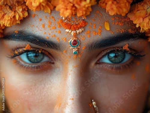 Vibrant traditional makeup and marigold adornments in cultural celebration photo