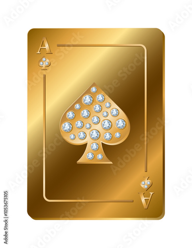 Ace of spades. Golden playing card with diamonds. Casino clipart. 