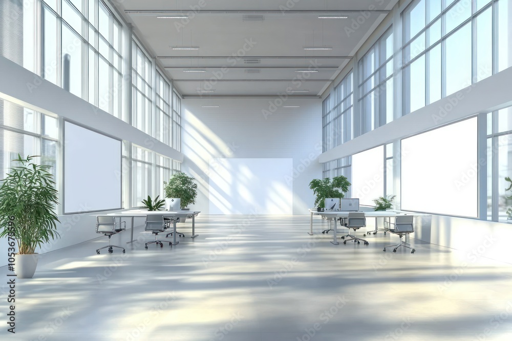 Modern office space with large windows and plants, designed for collaboration and productivity. Modern office space with large windows and plants, designed for collaboration and productivity.