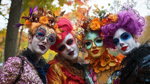 A group of LGBTQ+ friends celebrates autumn with a drag show in a park, their colorful costumes and makeup complementing the fall foliage