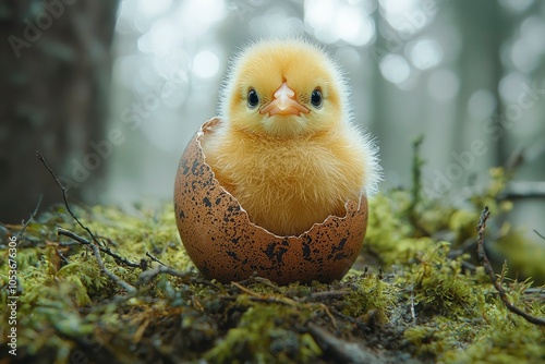 A Newly Hatched Chickling Peeking Out of an Eggshell Nestled in Moss photo