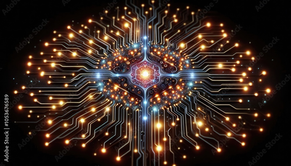 Fototapeta premium Neural Network as Digital Circuit Board - Deep Learning Data Transmission and AI Processing Concept, Futuristic AI Visualization, No People