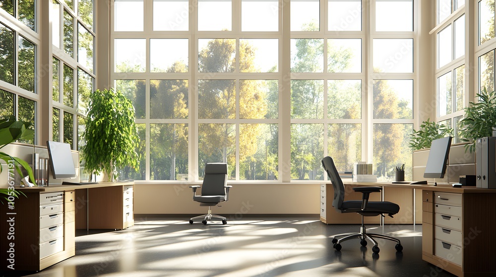 Fototapeta premium Bright, modern office space with large windows and plants for a productive work environment.
