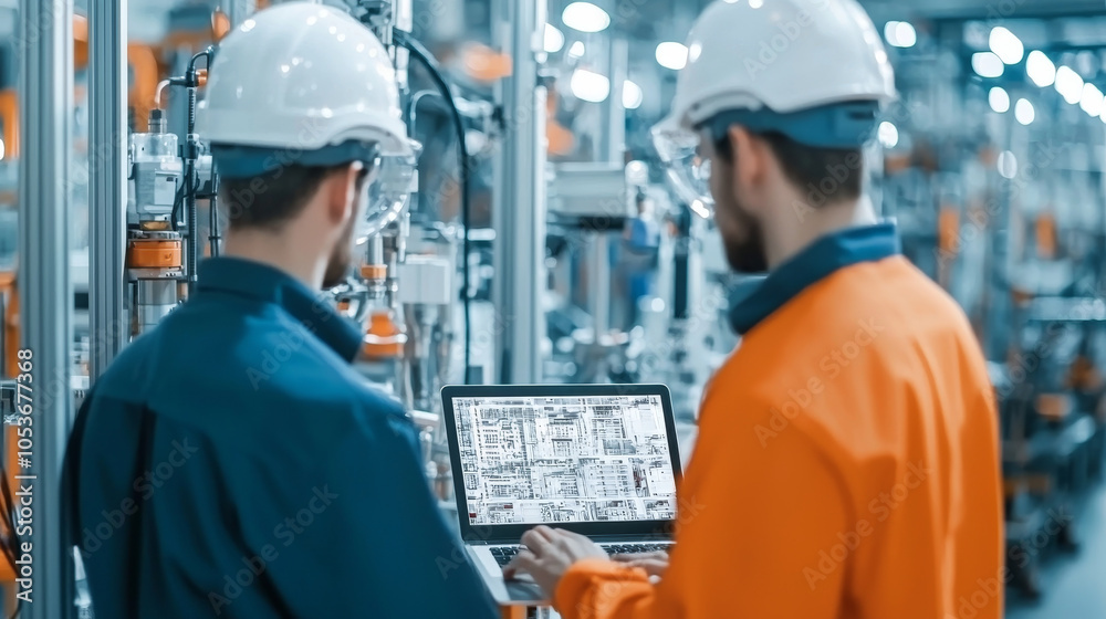 In modern industrial setting, two engineers in hard hats are collaborating over laptop, analyzing technical data and schematics. Their focused expressions reflect importance of their work in high tech In modern industrial setting, two engineers in hard hats are collaborating over laptop, analyzing technical data and schematics. Their focused expressions reflect importance of their work in high tech