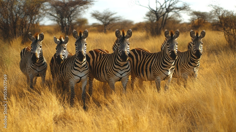 Fototapeta premium A Group of Zebras Standing in Tall Grass