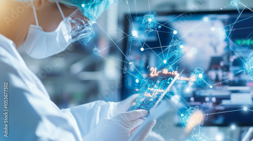 A healthcare professional in lab coat and protective gear is using smartphone while surrounded by digital data visualizations. scene conveys sense of innovation and technology in medical field