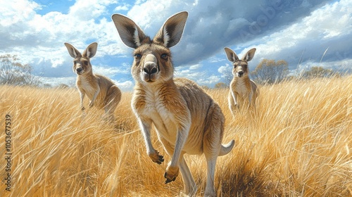 Wallpaper Mural Three Kangaroos in a Grassy Field Under a Blue Sky Torontodigital.ca