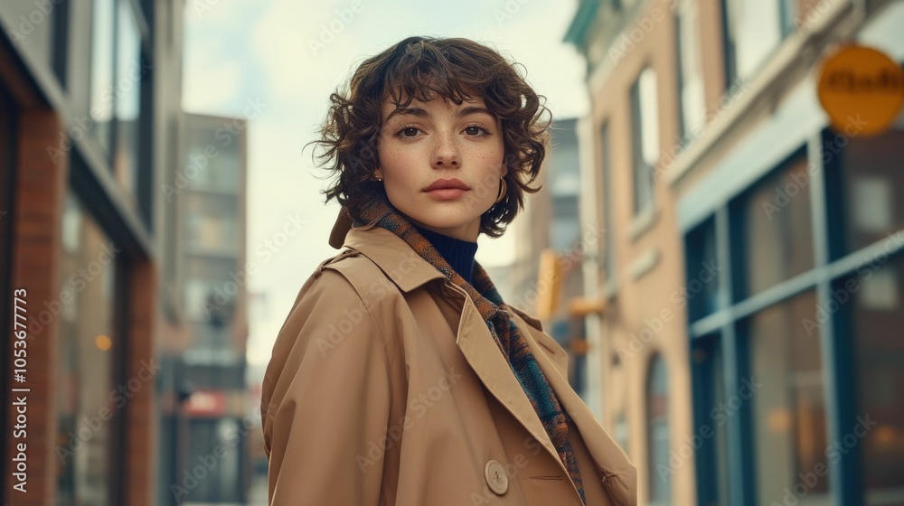 Fototapeta premium Fashionable young woman in a classic tan trench coat standing on a city street with muted autumnal colors and a minimalist architectural backdrop She has a contemplative