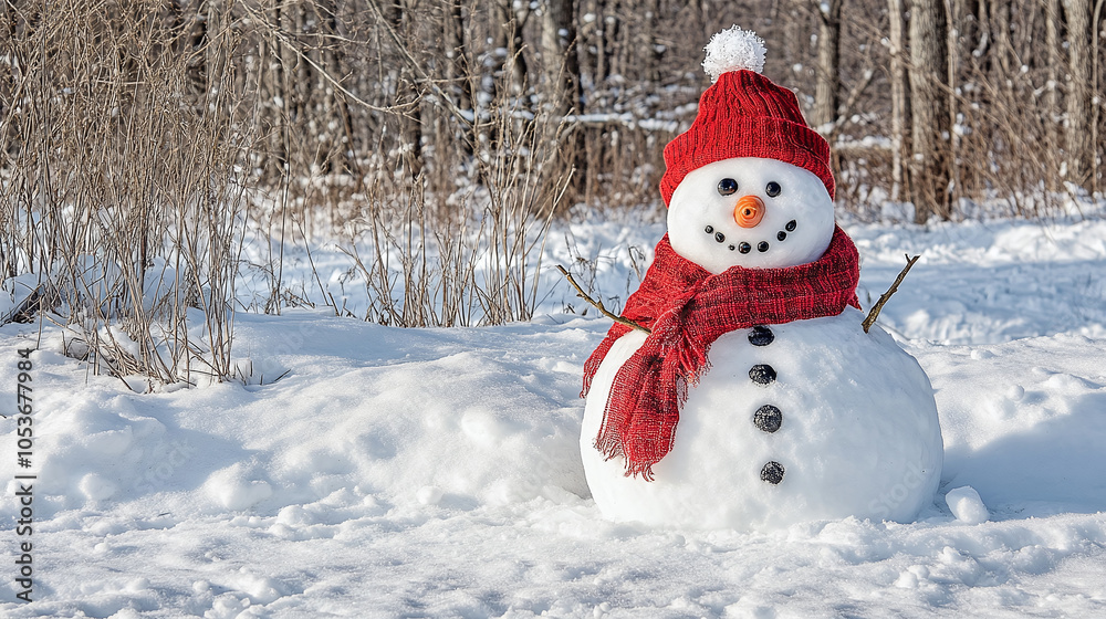 Obraz premium Panoramic view of happy snowman in winter secenery with copy space