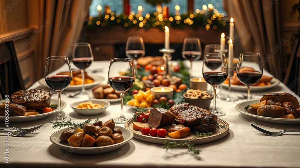 Elegant Holiday Dinner Table with Fine Cuisine Elegant Holiday Dinner Table with Fine Cuisine