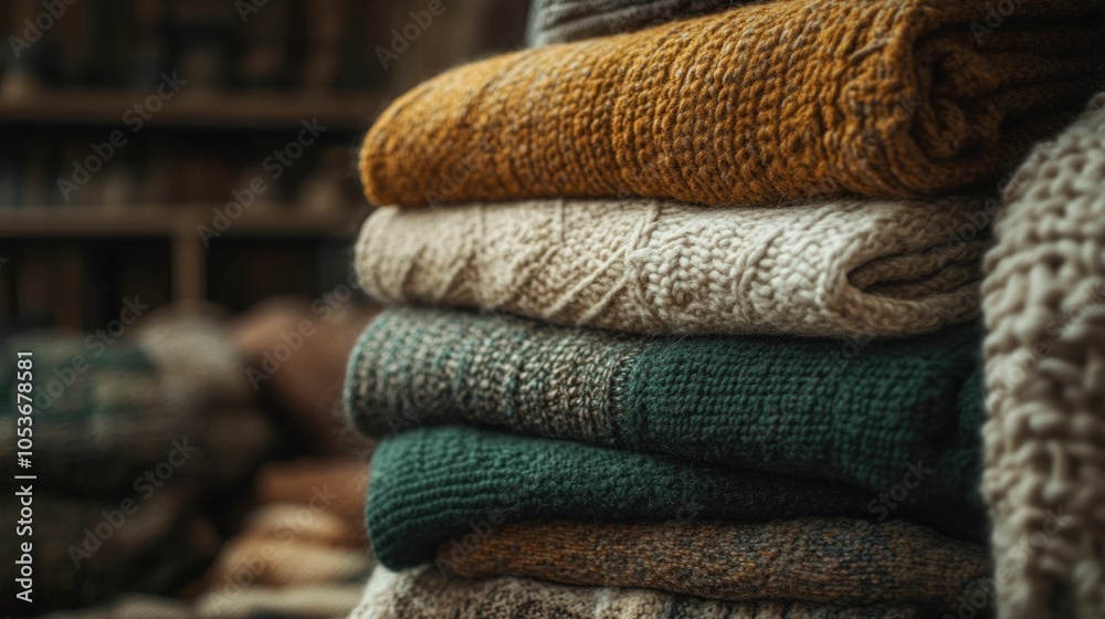 Cozy stack of handmade knitted blankets in a soothing palette of earthy tones evoking a sense of comfort warmth and hygge The soft textured layers create an inviting and soothing atmosphere Cozy stack of handmade knitted blankets in a soothing palette of earthy tones evoking a sense of comfort warmth and hygge The soft textured layers create an inviting and soothing atmosphere
