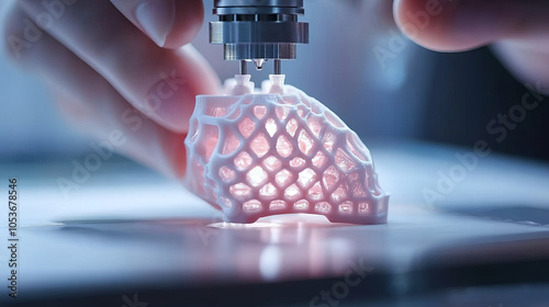 3D printing technology is showcased in this image, highlighting hand carefully manipulating 3D printed object with intricate lattice design. scene captures innovation and precision of modern manufactu photo