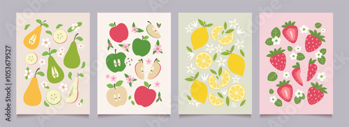 Fruit, berries and flower posters set. Summer backgrounds with pear, apple, lemon, strawberry in minimalist design. Flat vector illustration.